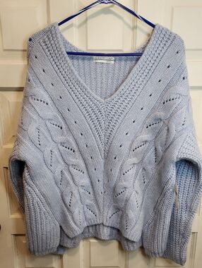 ANTHROPOLOGIE SWEATER RAMONA NWT BLUE V-neck Pullover Cable 7%Angora Knit